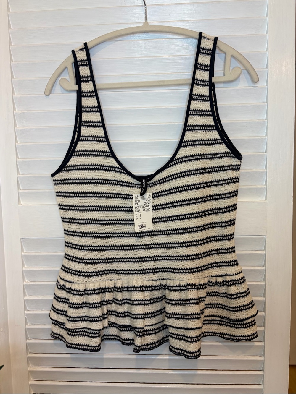 H&M Divided Peplum Knit White and Navy Striped Tank Top Size Large